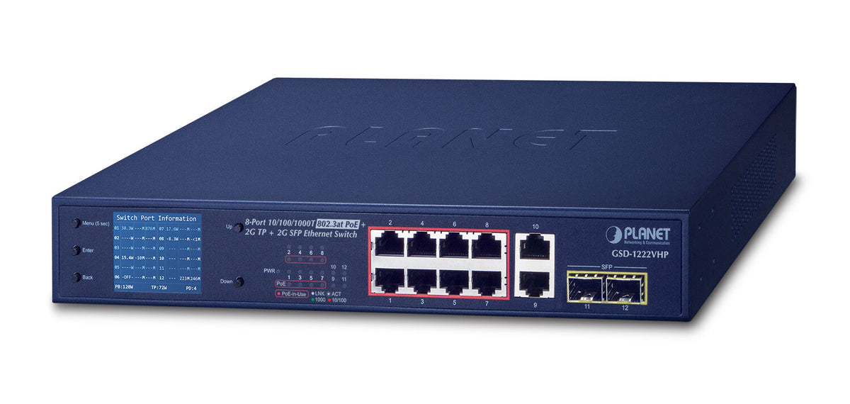 PLANET GSD-1222VHP network switch, Unmanaged, 10-port, Power over Ethernet (PoE), blue