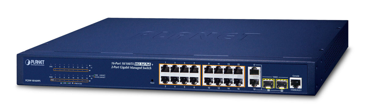 PLANET FGSW-1816HPS network switch, Managed, 16-port, Power over Ethernet (PoE), blue