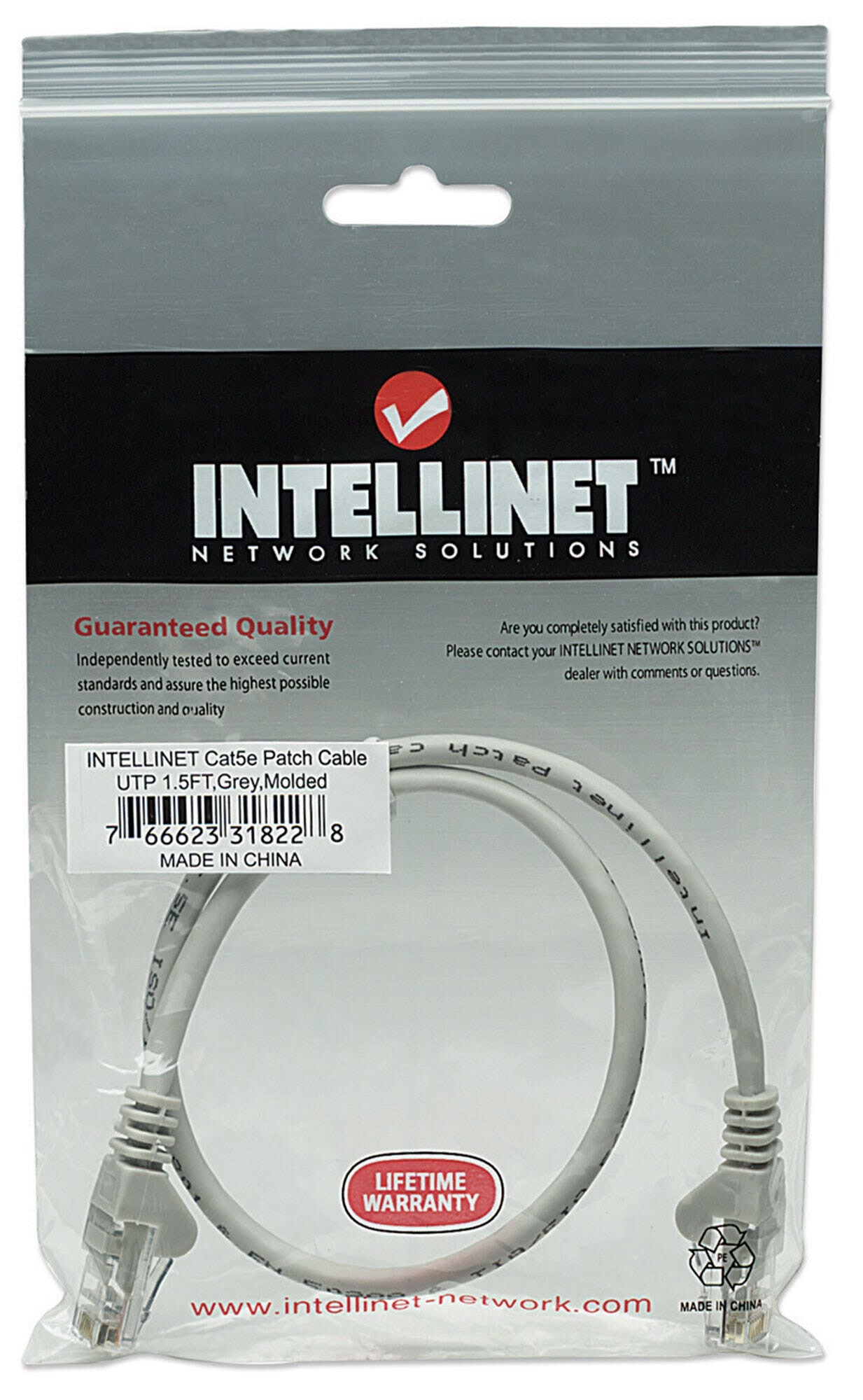 Intellinet Network Patch Cable, Cat5e, 0.5m, Grey, CCA, U/UTP, PVC, RJ45, Gold Plated Contacts, Snagless, Booted, Lifetime Warranty