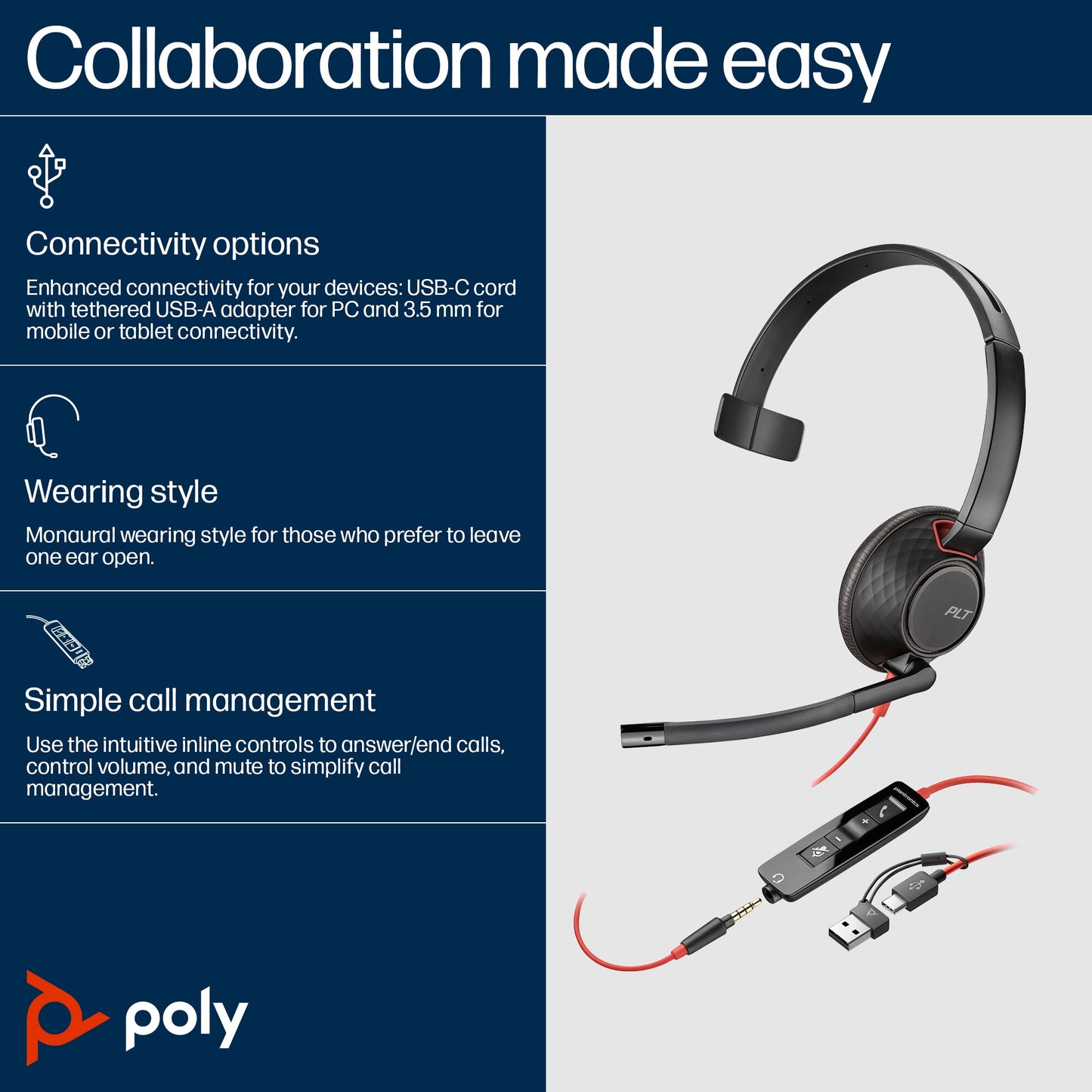 Poly Blackwire 5210 Monaural USB-C Headset +3.5mm Plug +USB-C/A Adapter (Bulk)