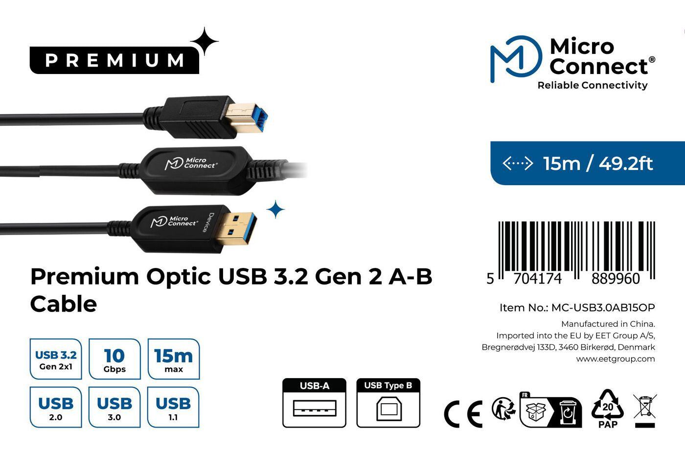 Microconnect MC-USB3.0AB15OP USB cable USB 3.2 Gen 2 (3.1 Gen 2) 15 m USB A USB B Black