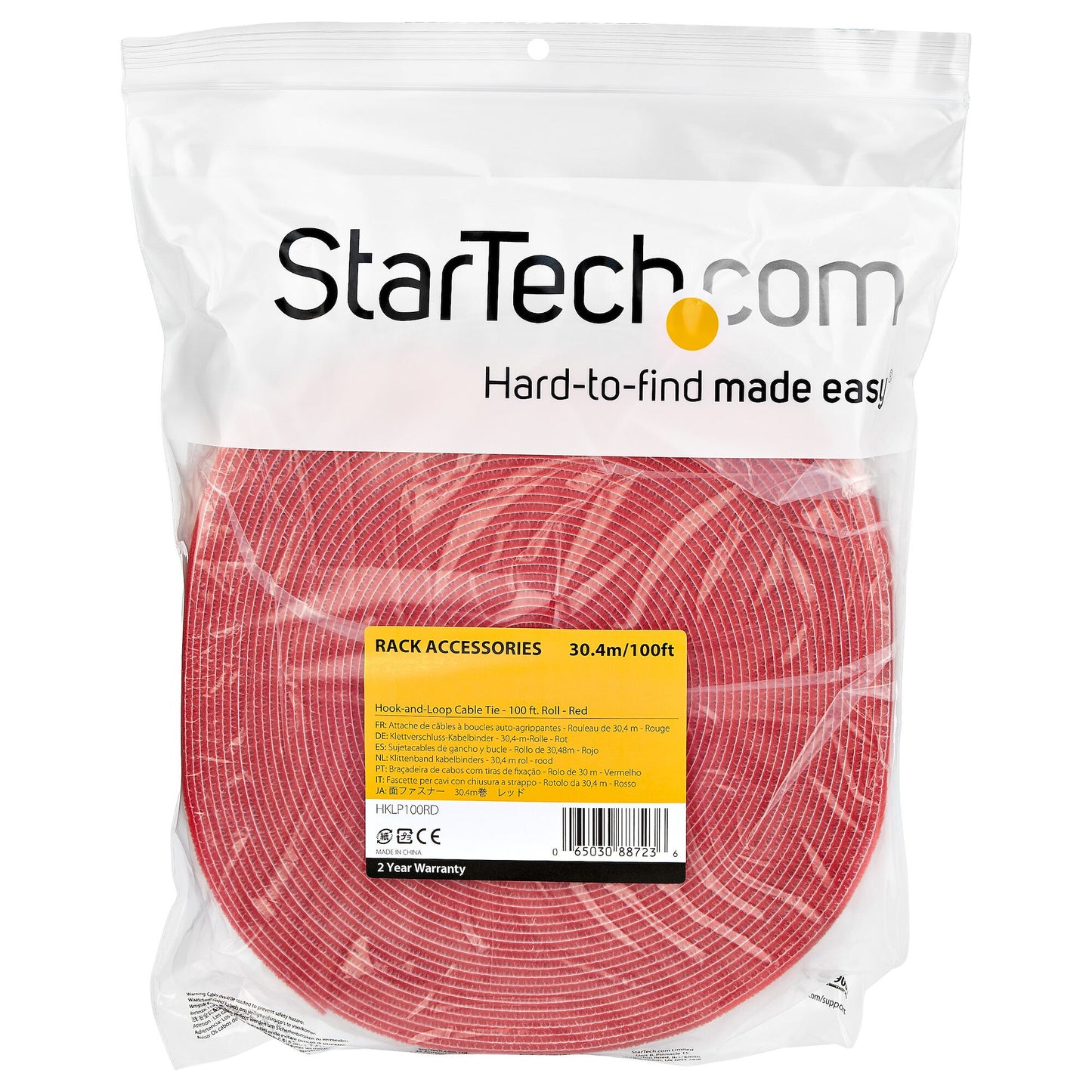 StarTech.com 100ft (30.5m) Hook and Loop Roll, Red, Cut-to-Size Reusable Cable Ties, Bulk Industrial Wire Fastener Tape, Adjustable Fabric Wraps, Reusable Self Gripping Cable Management Straps