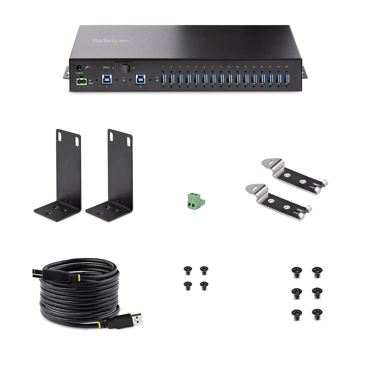 StarTech.com 16-Port Industrial USB 3.0 Hub 5Gbps, Metal, DIN/Surface/Rack Mountable, ESD Protection, Terminal Block Power, up to 120W Shared USB Charging, Dual-Host Hub/Switch - TAA