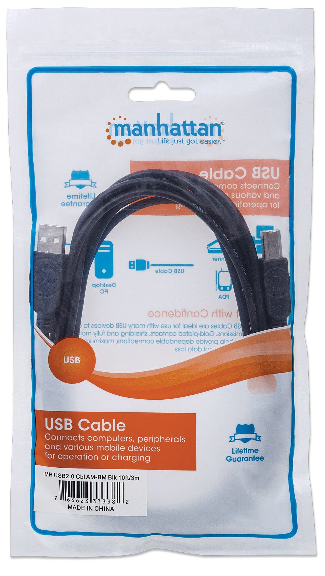 Manhattan USB-A to USB-B Cable, 3m, USB 2.0, 480 Mbps, Hi-Speed USB, Black, Lifetime Warranty, Equivalent to USB2HAB3M