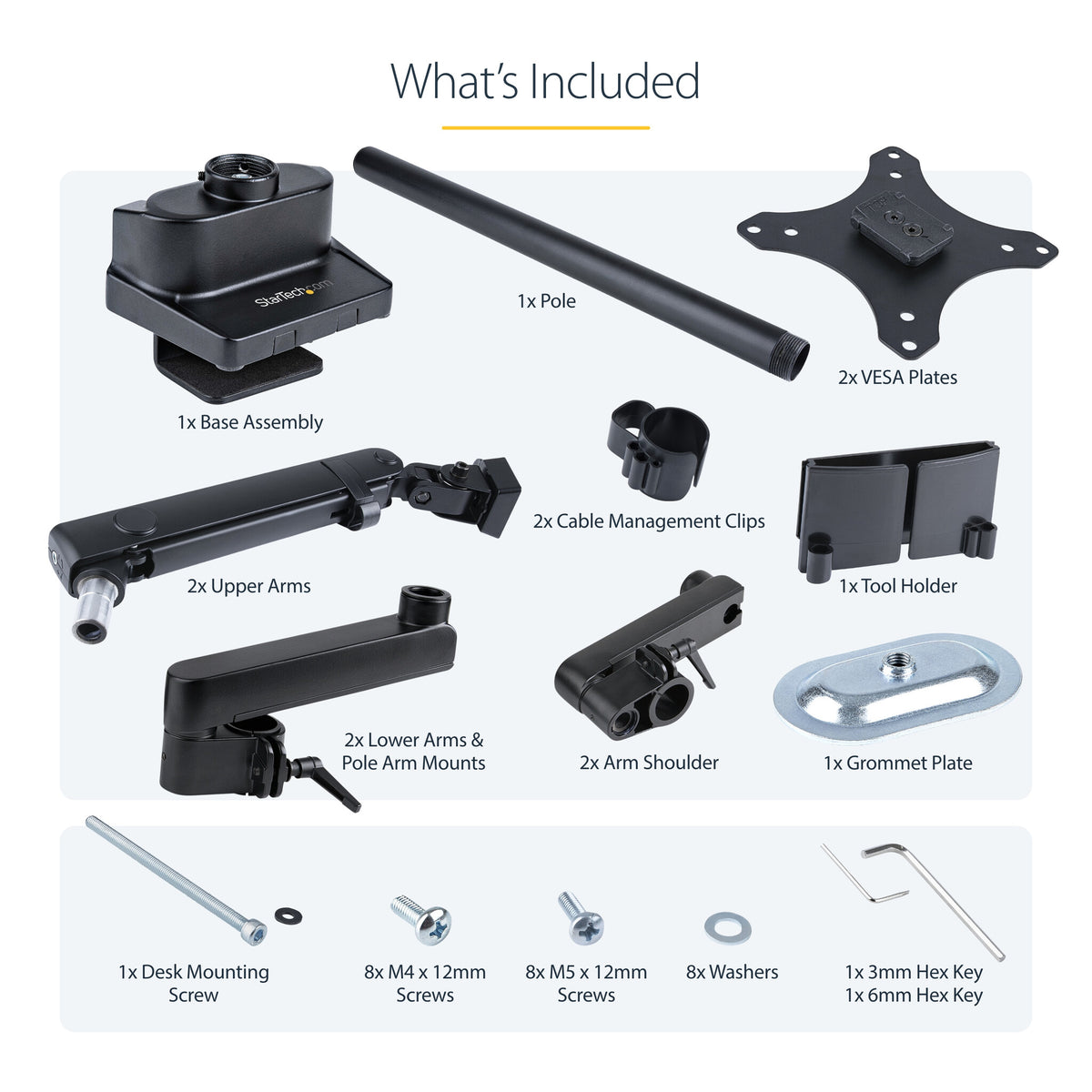 StarTech.com Desk Mount Dual Monitor Arm, Full Motion Monitor Mount for 2x VESA Displays up to 32" (17.6lb/8kg), Height Adjustable, Clamp/Grommet Mount, Mechanical Spring