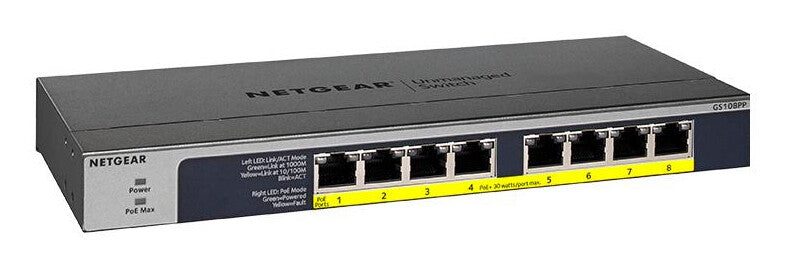 NETGEAR GS108PP network switch, Unmanaged, 8-port, Power over Ethernet (PoE), black