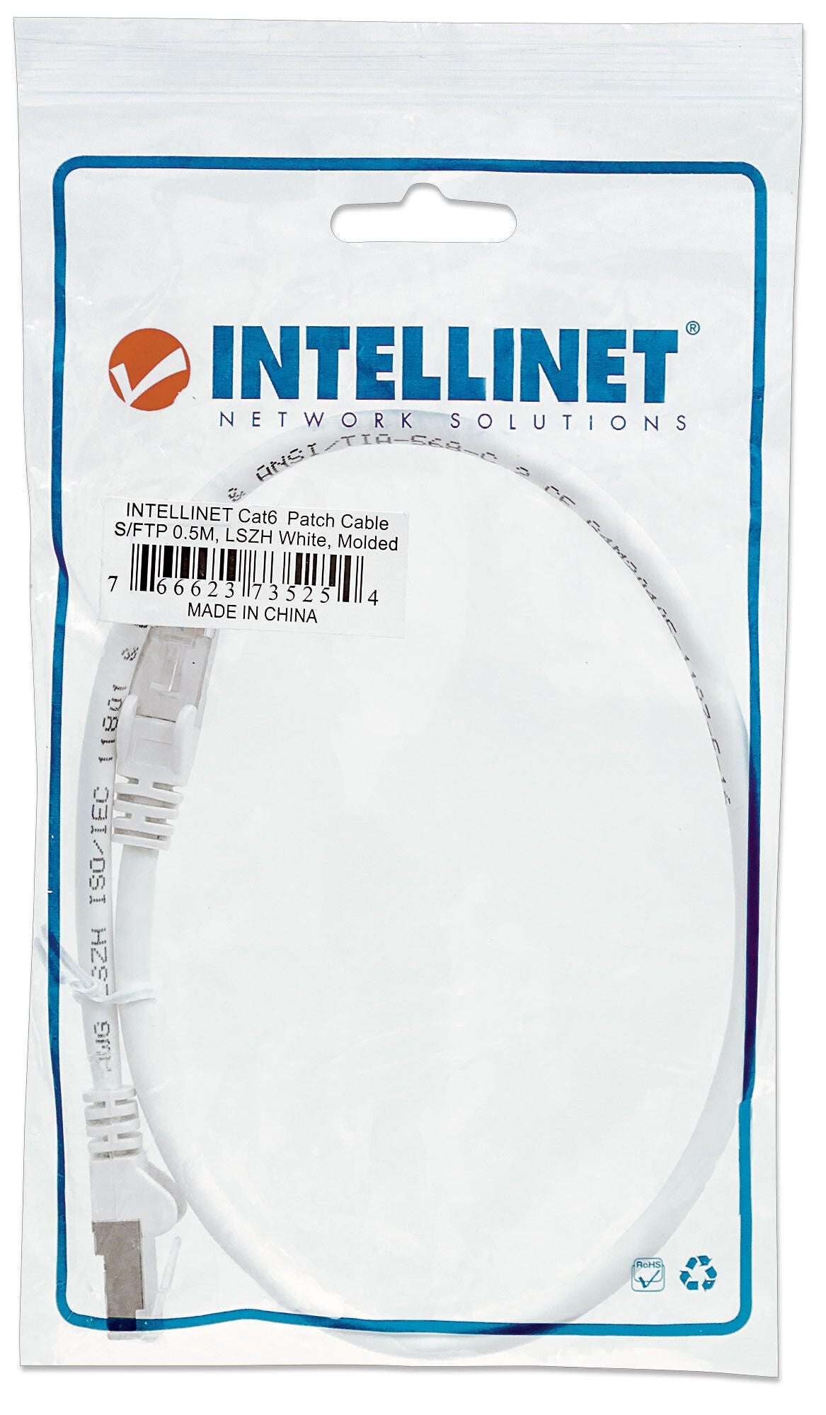 Intellinet Network Patch Cable, Cat6, 0.5m, White, Copper, S/FTP, LSOH / LSZH, PVC, RJ45, Gold Plated Contacts, Snagless, Booted, Lifetime Warranty