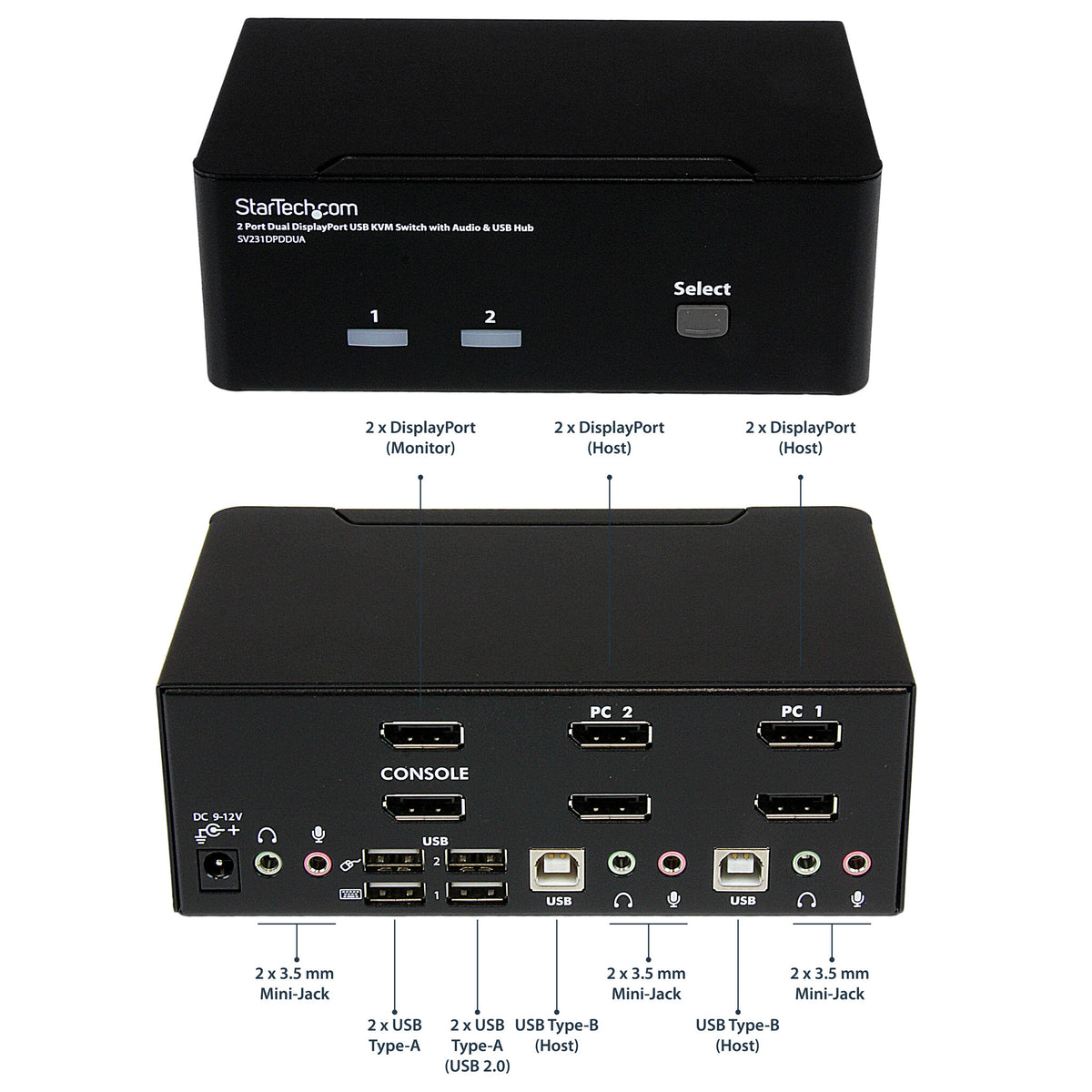 StarTech.com 2 Port Dual DisplayPort USB KVM Switch with Audio & USB 2.0 Hub - TAA