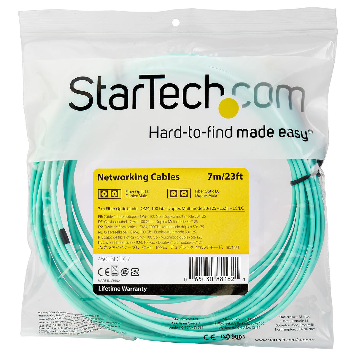 StarTech.com 7m (22ft) LC/UPC to LC/UPC OM4 Multimode Fiber Optic Cable, 50/125µm LOMMF/VCSEL Zipcord Fiber, 100G, Low Insertion Loss - LSZH Fiber Jumper Cord