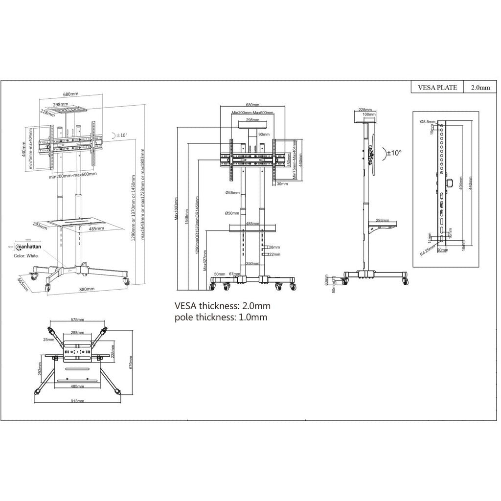 Manhattan Trolley Mount Stand for TV & Monitors, For screens 37" to 65", VESA compatibility: all between 200x200 to 600x400mm - check the dimensions of the four mounting holes on back of screen to ensure it fits, Max 40kg, Black, LFD, Bracket, Lifetime Wa