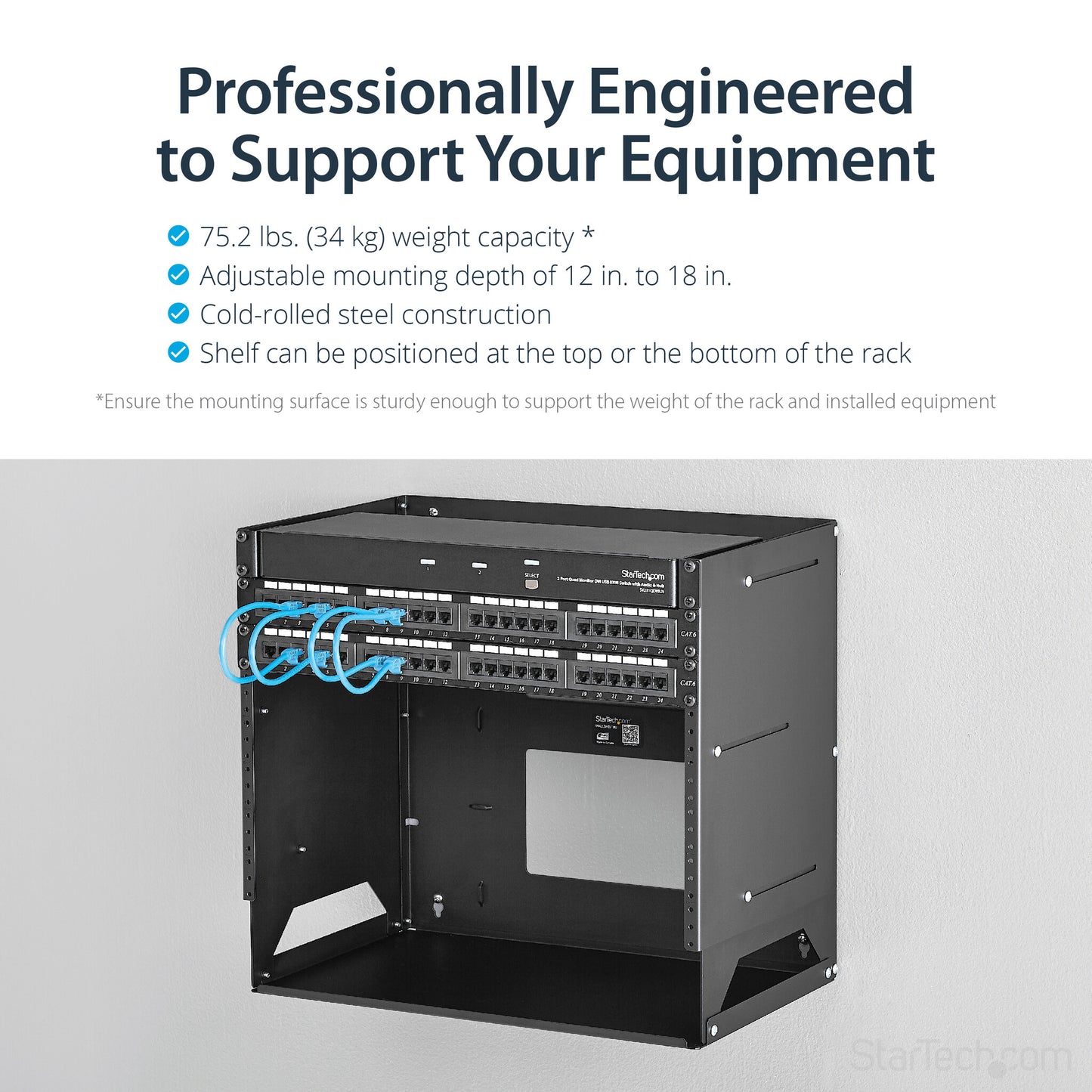 StarTech.com Wall-Mount Server Rack with Built-in Shelf - Solid Steel - 8U