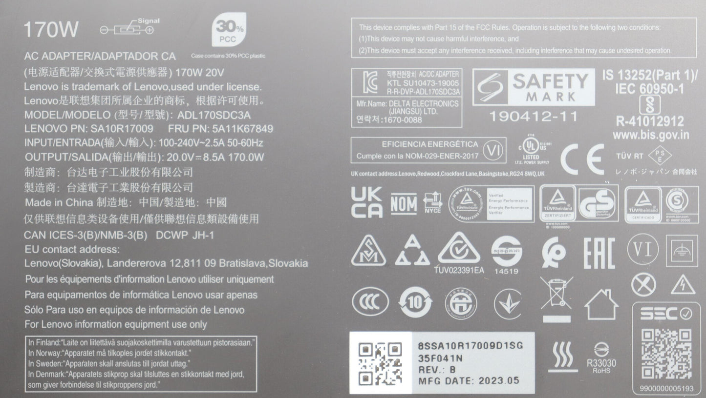 Lenovo 5A11K67849 power adapter/inverter Indoor 170 W Black