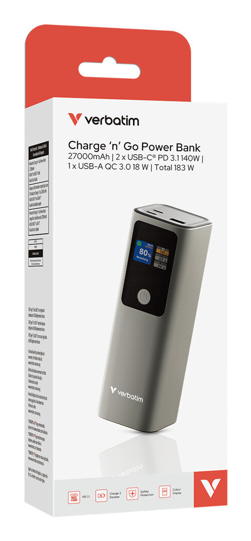 Verbatim Charge 'n' Go Power Bank 27000mAh 183W Grey