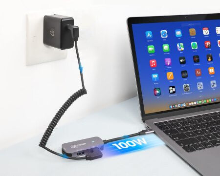 Manhattan USB-C Dock/Hub, Ports (x3): HDMI, USB-A and USB-C, with Power Delivery (PD) 100W- requires external USB-C charger (not included). USB powered (no external power supply required) when PD is not in use, Aluminium