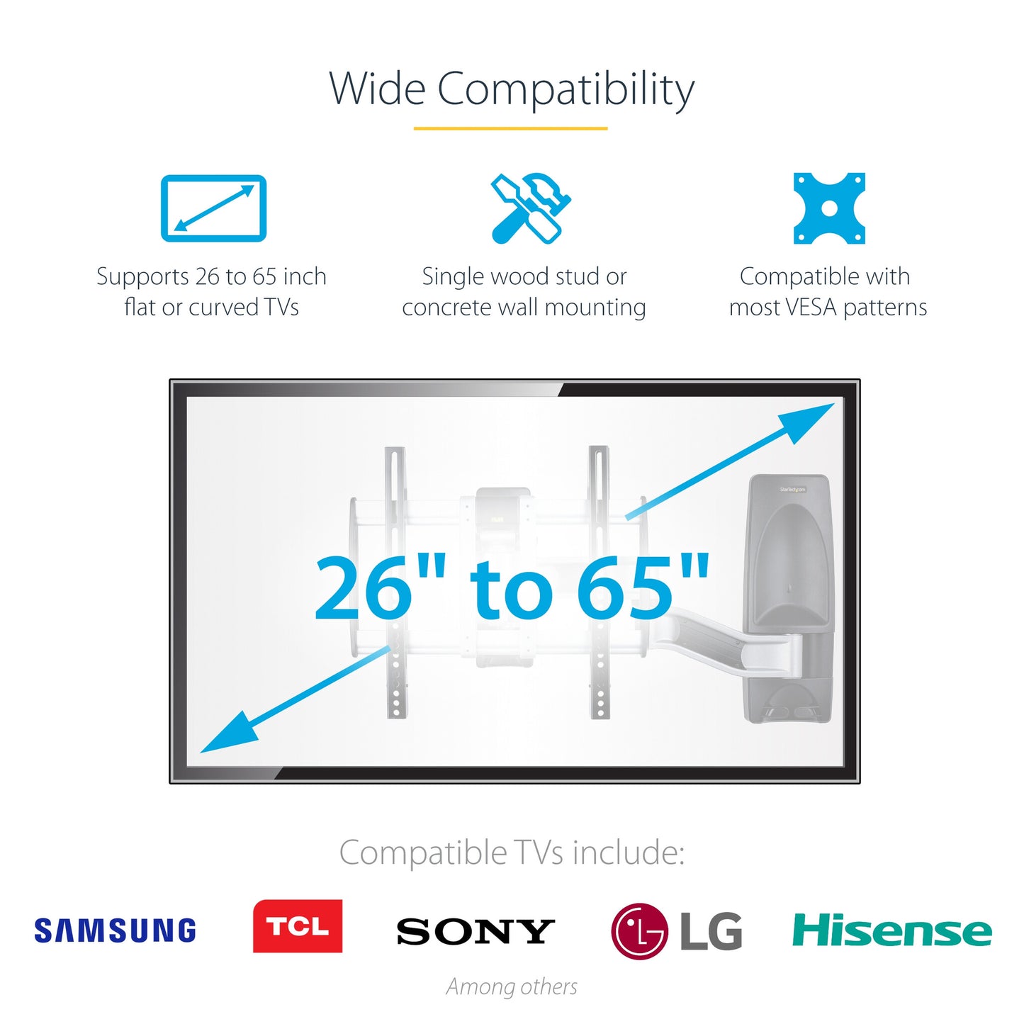StarTech.com Articulating TV Wall Mount, VESA Wall Mount, Supports 26 to 65 inch/99lb/Flat/Curved TVs, Retractable Low Profile Wall Mount TV Bracket, Adjustable Corner TV Wall Mount - TAA