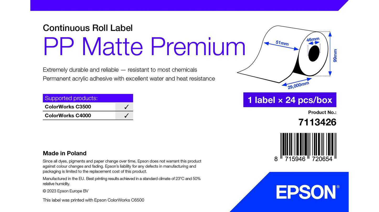 Epson PP Matte Label Premium, Continuous Roll, 51mm x 29m