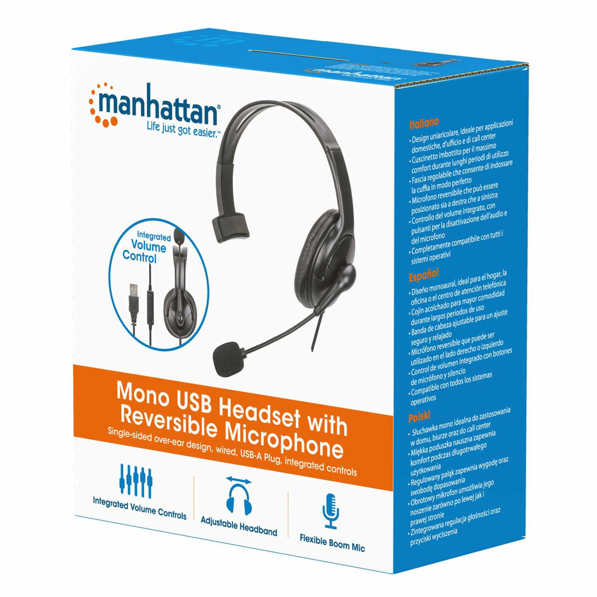 Manhattan Mono Over-Ear Headset (USB), Reversible Microphone Boom (padded), Retail Box Packaging, In-Line Volume/Mute Control, Padded Ear Cushion, USB-A for both sound and mic use, cable 2m, Three Year Warranty