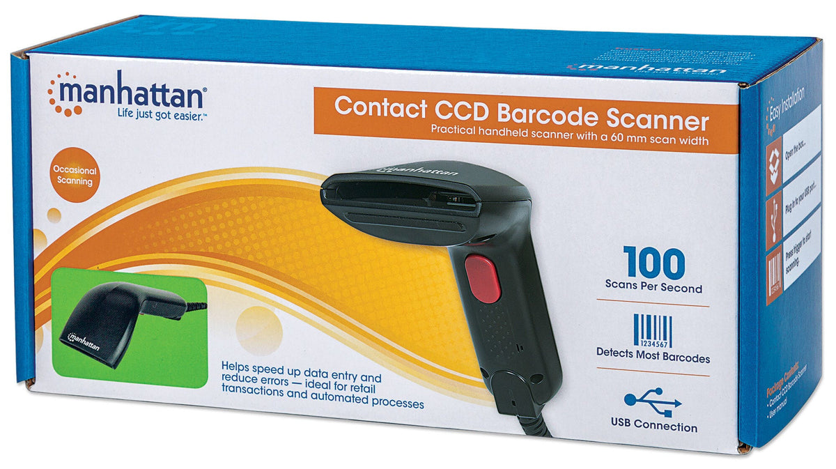Manhattan Contact CCD Handheld Barcode Scanner, USB, 60mm Scan Width, Cable 152cm, Max Ambient Light 5,000 lux (sunlight), Black, Three Year Warranty