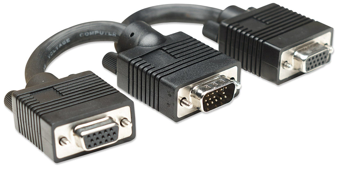 Manhattan Passive SVGA/VGA Y Splitter Cable, HD15 Male to Two HD15 Females, 15cm, Mirrors One Video Signal to Two Monitors, Fully Shielded, Black, Lifetime Warranty