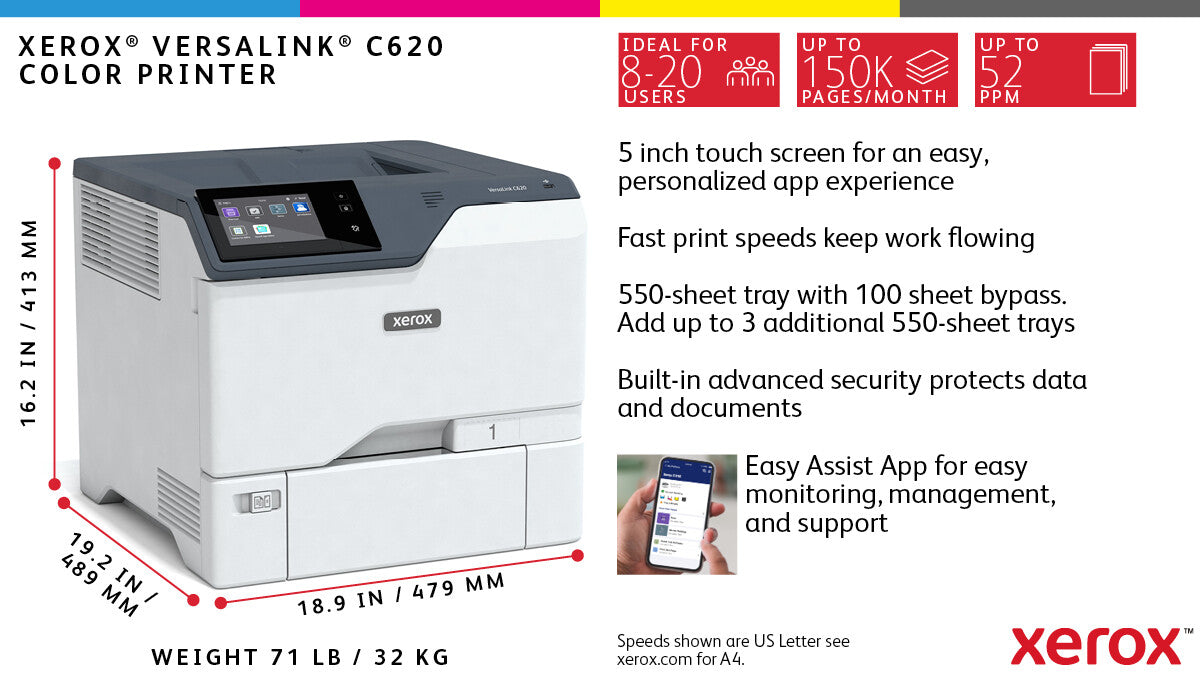 Xerox VersaLink C620 A4 50ppm Duplex Printer PS3 PCL5e/6 2 Trays 650 Sheets