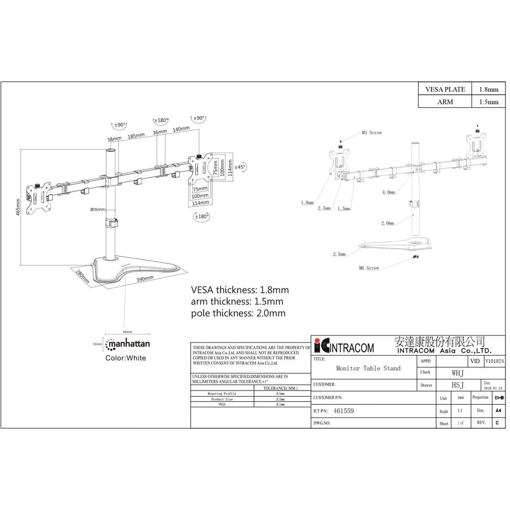 Manhattan TV & Monitor Mount, Desk, Double-Link Arms, 2 screens, Screen Sizes: 10-27", Black, Stand Assembly, Dual Screen, VESA 75x75 to 100x100mm, Max 8kg (each), Lifetime Warranty