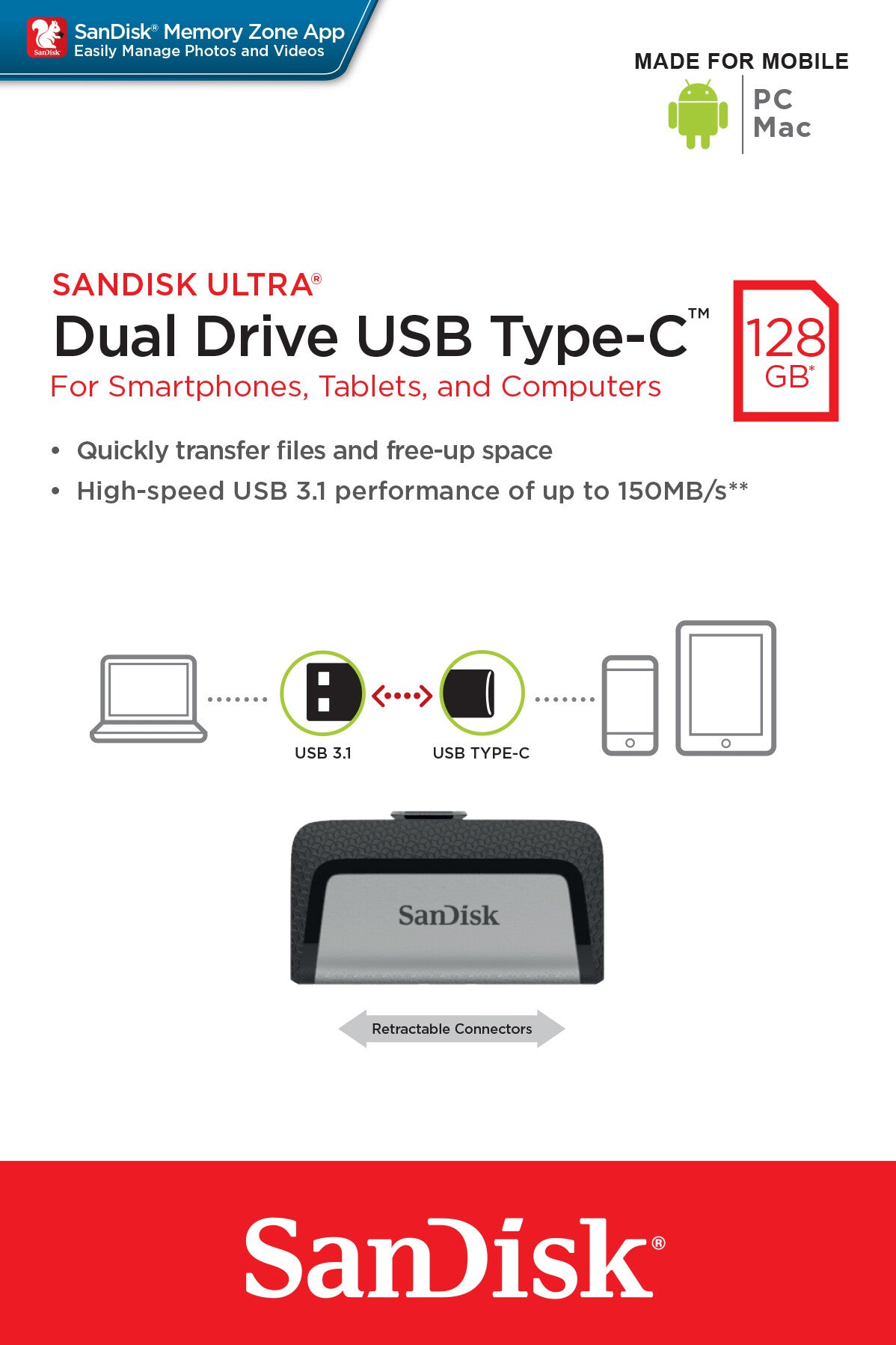 SanDisk Ultra Dual Drive USB Type-C USB flash drive 128 GB USB Type-A / USB Type-C 3.2 Gen 1 (3.1 Gen 1) Black, Silver