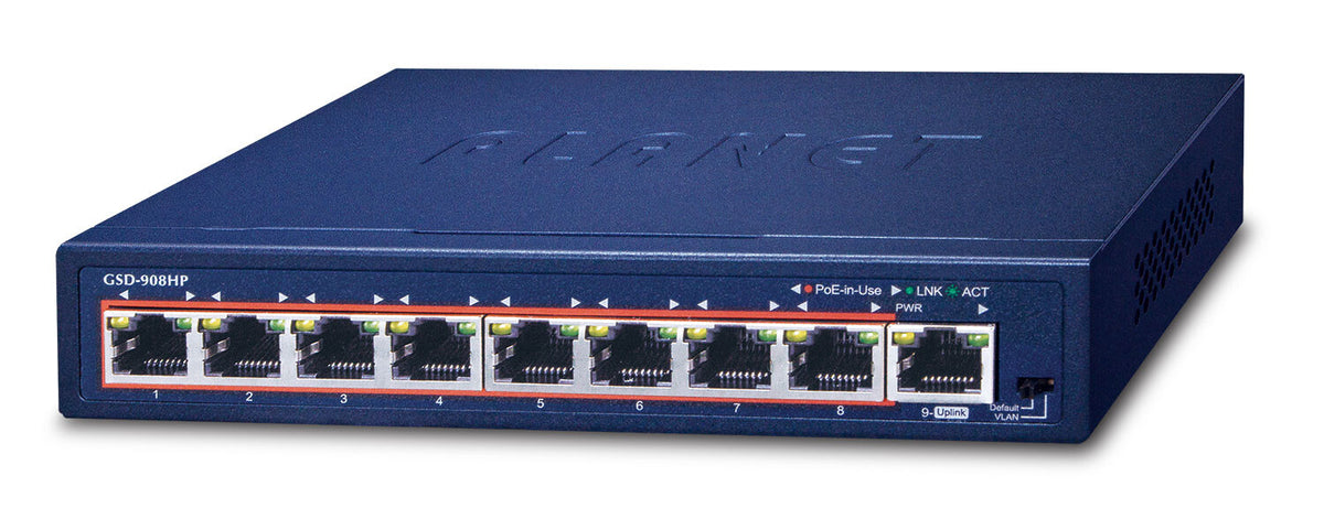 PLANET GSD-908HP network switch, Unmanaged, 9-port, Power over Ethernet (PoE), blue