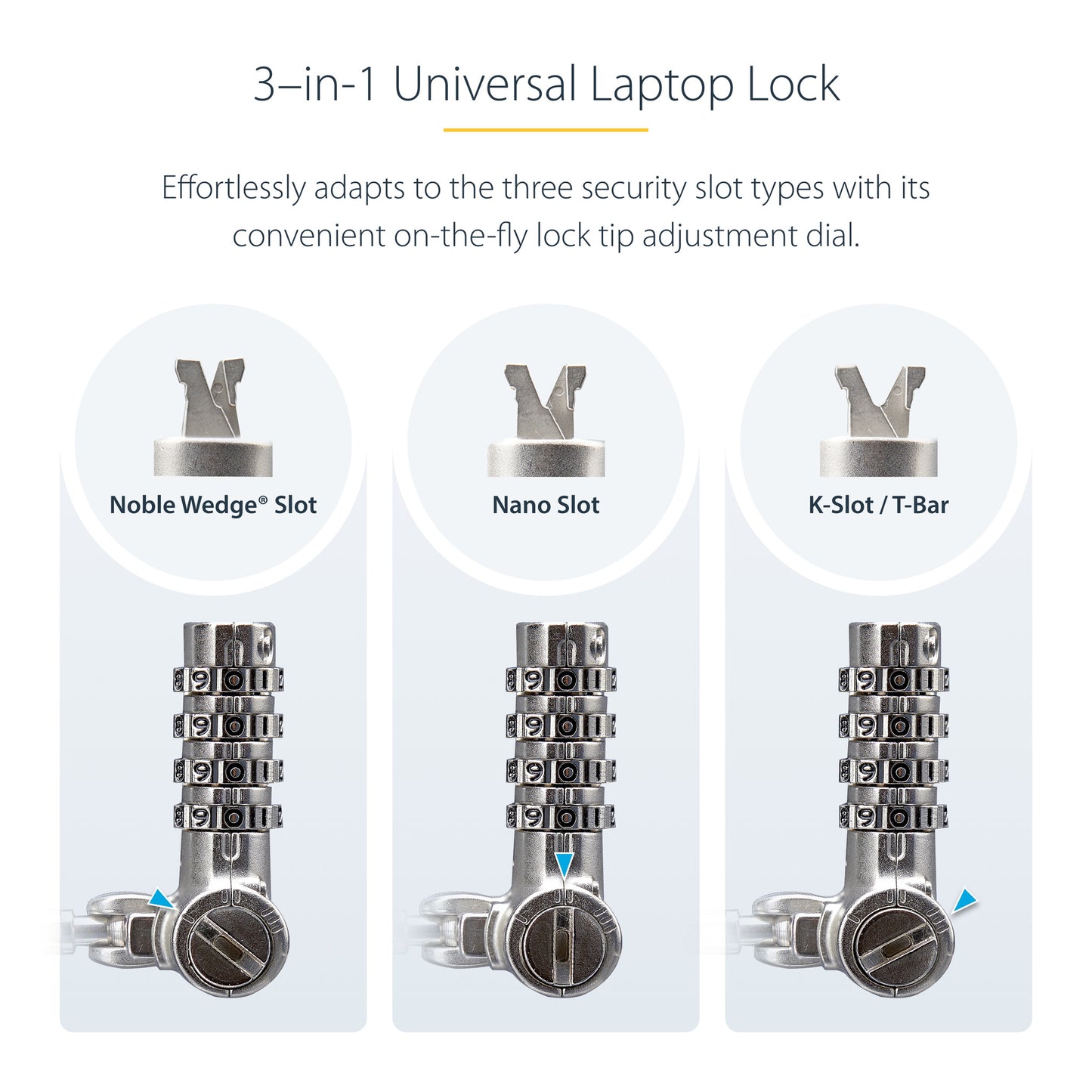 StarTech.com Universal Laptop Lock 6.6ft (2m), Security Cable For Notebook Compatible With Noble Wedge®/Nano/K-Slot; Keyless Combination Locking Cable, Anti-Theft Cut-Resistant Steel Cable