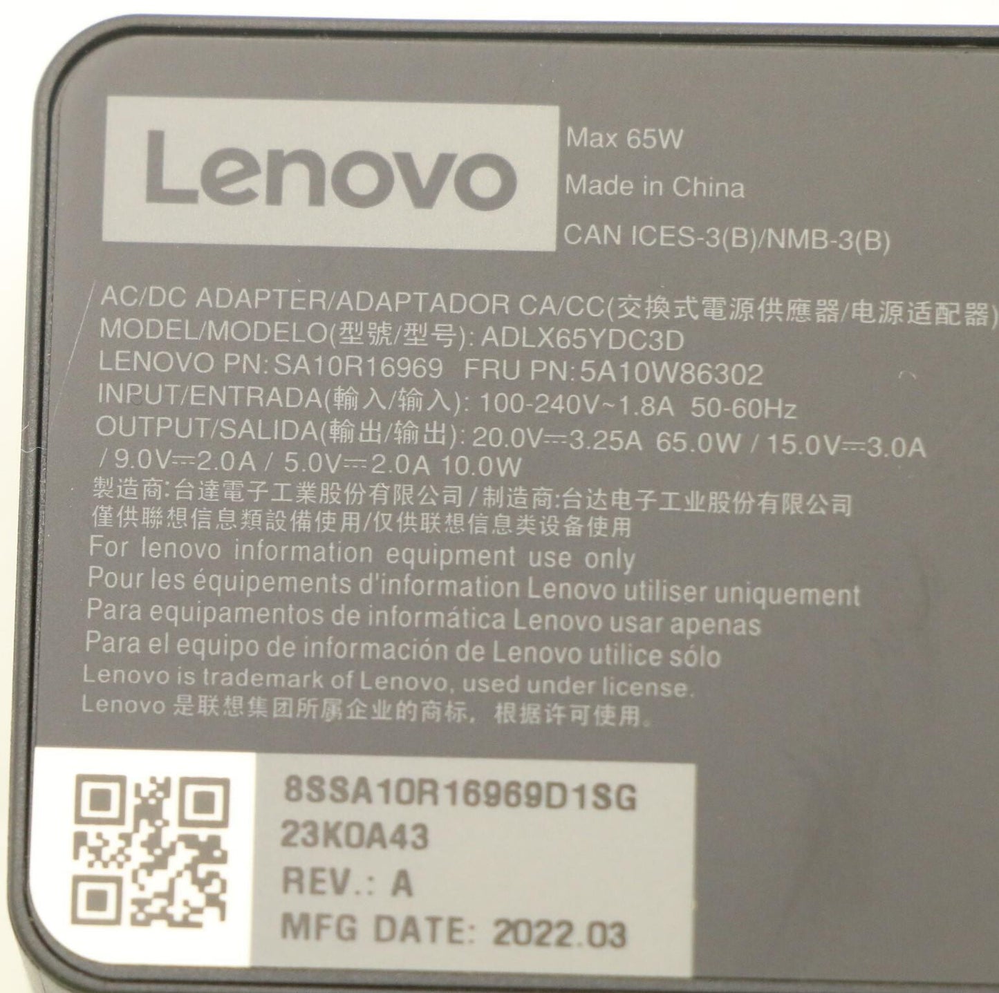 Lenovo 5A10W86302 power adapter/inverter Indoor 65 W Black