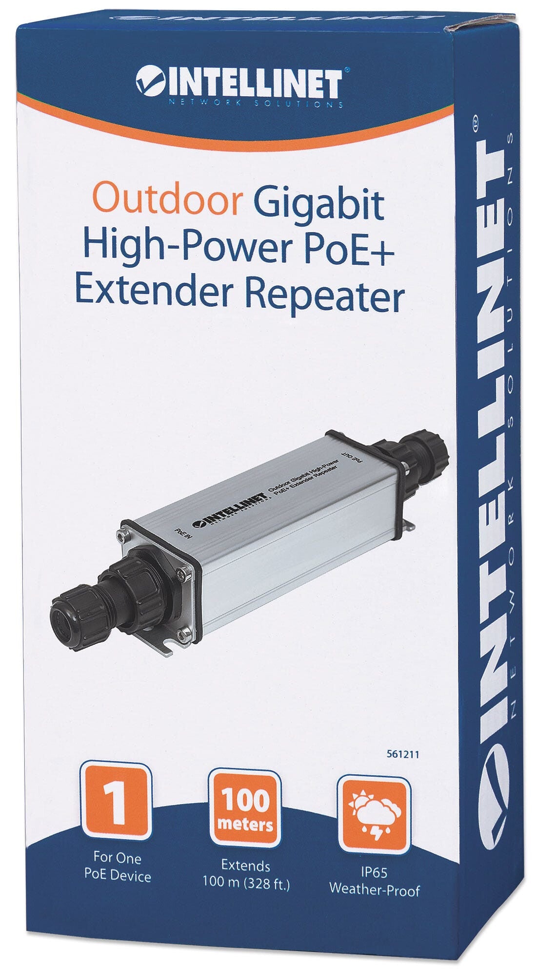Intellinet Outdoor Gigabit High-Power PoE+ Extender Repeater, IEEE 802.3at/af Power over Ethernet (PoE+/PoE), Extends Range up to 100m, Metal, IP65