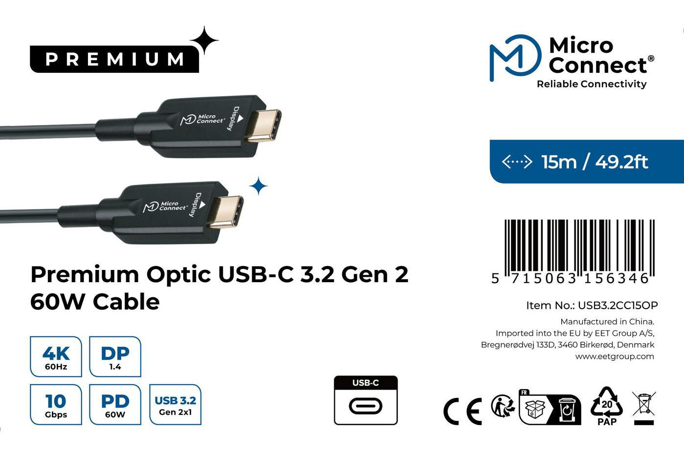 Microconnect USB3.2CC15OP USB cable USB 3.2 Gen 2 (3.1 Gen 2) 15 m USB C Black