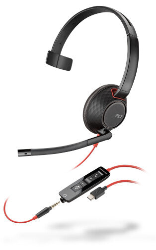 POLY Blackwire 5210 Headset Wired Head-band Calls/Music USB-C, Boom microphone, black and red