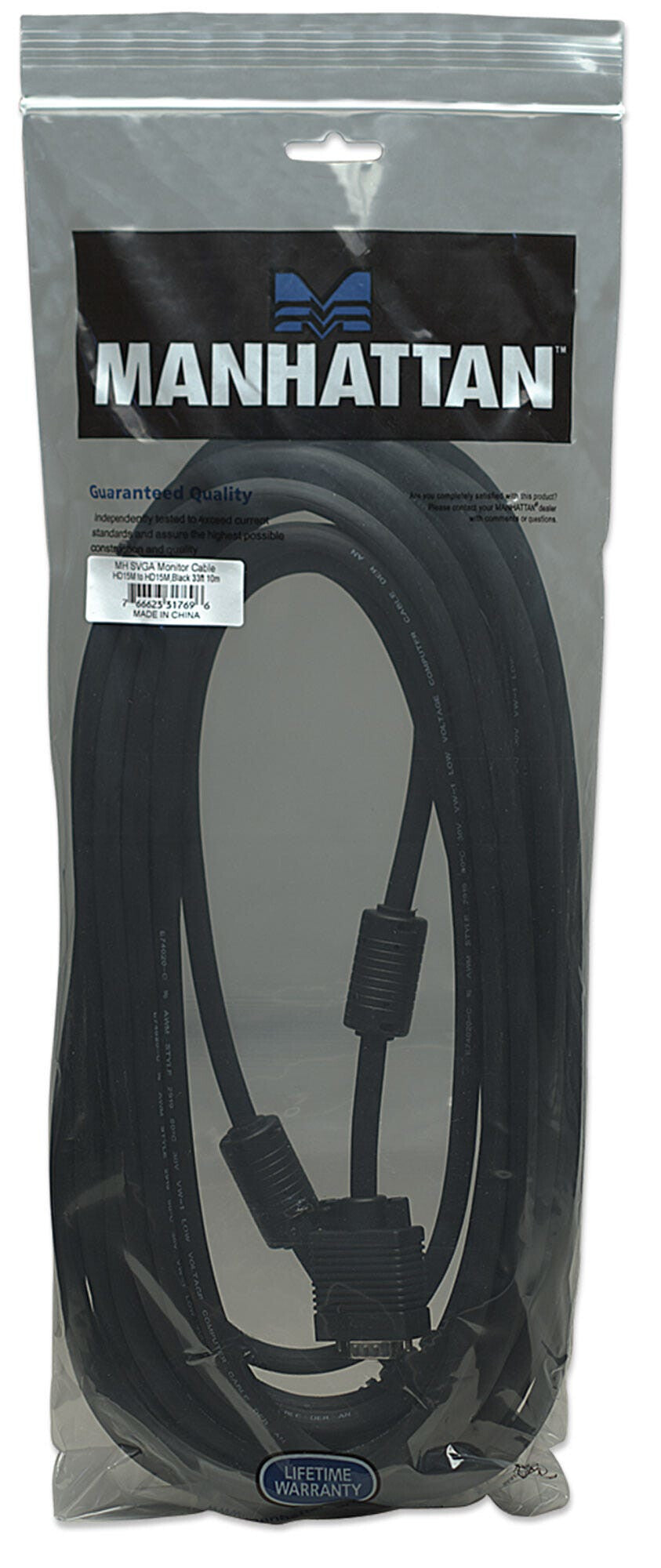 Manhattan VGA Monitor Cable (with Ferrite Cores), 10m, Black, Male to Male, HD15, Cable of higher SVGA Specification (fully compatible), Shielding with Ferrite Cores helps minimise EMI interference for improved video transmission, Lifetime Warranty