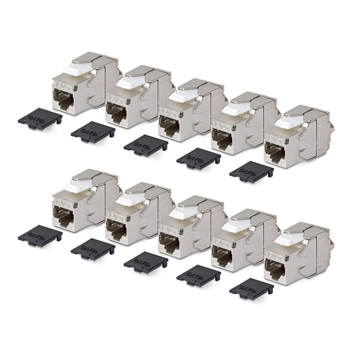 StarTech.com Shielded Cat6a Keystone Jack, 10-Pack RJ45 Ethernet Keystone Jacks, STP Cat6a Wall Jack, 180-Degree Toolless