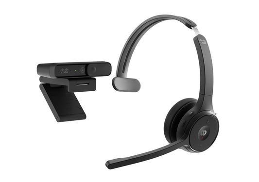 Cisco Bundle - Headset 722, Wireless Dual On-Ear Bluetooth Headphones, Webex Button, packaged with the Desk Camera 1080p, Carbon Black, 1-Year Limited Liability Warranty (BUN-721+CAMD-C-WW)