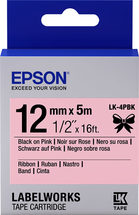 Epson C53S654031/LK-4PBK DirectLabel-etikettes black on pink 12mm x 5m for Epson LabelWorks LW-C 410/4-36mm/6-12mm/6-18mm/6-24mm