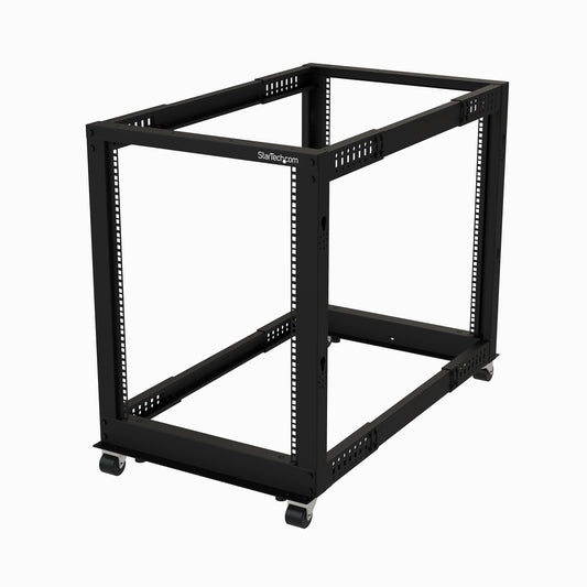 StarTech.com 4-Post 15U Mobile Open Frame Server Rack, Four Post 19" Network Rack with Wheels, Rolling Rack with Adjustable Depth for Computer/AV/Data/IT Equipment - Casters, Leveling Feet or Floor Mounting