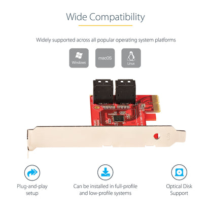 StarTech.com SATA PCIe Card - 4 Port PCIe SATA Expansion Card - 6Gbps - Low/Full Profile - Stacked SATA Connectors - ASM1164 Non-Raid - PCI Express to SATA Converter - TAA