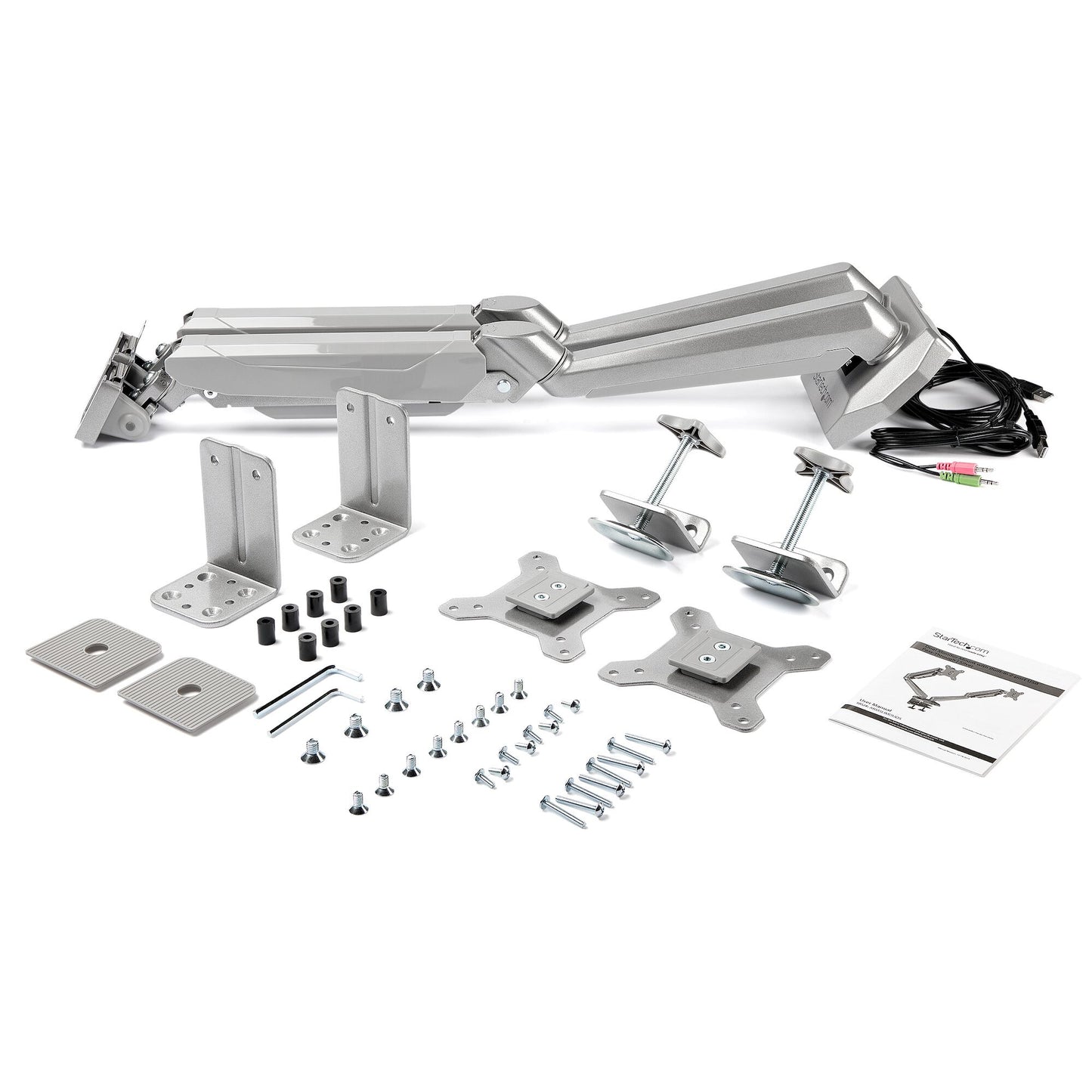StarTech.com Desk Mount Dual Monitor Arm with USB & Audio, Desk Clamp VESA Mount for up to 32" (17.6lb/8kg) Displays, Ergonomic Full Motion Dual Monitor Arm - Silver
