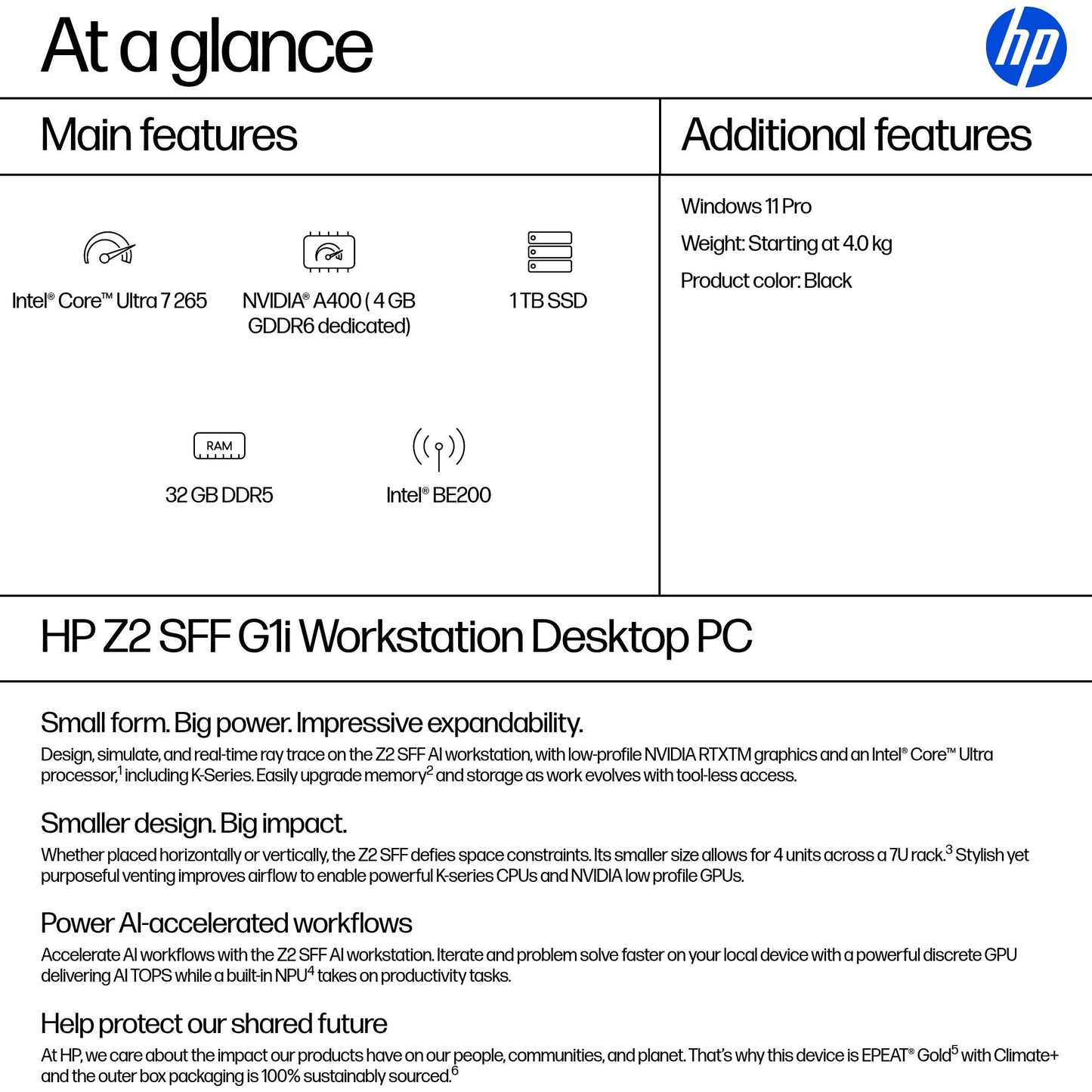 HP Z2 G1i Intel Core Ultra 7 265 32 GB DDR5-SDRAM 1 TB SSD NVIDIA RTX A400 Windows 11 Pro SFF Workstation AI Workstation, AI PC Black