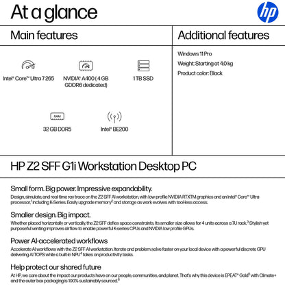 HP Z2 G1i Intel Core Ultra 7 265 32 GB DDR5-SDRAM 1 TB SSD NVIDIA RTX A400 Windows 11 Pro SFF Workstation AI Workstation, AI PC Black