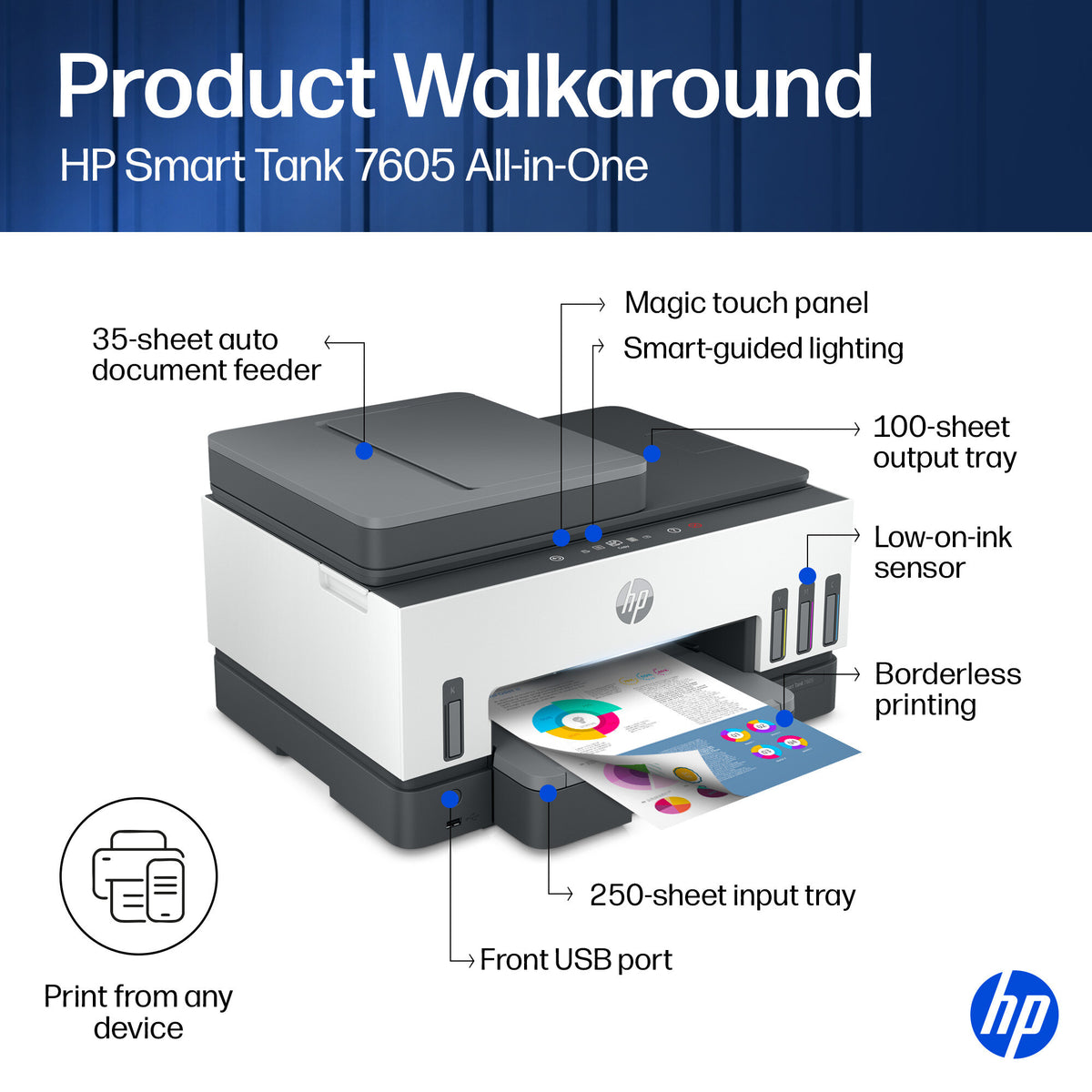 HP Smart Tank 7605 Wireless All-in-One Color Printer, Two-sided printing; Copier, Scanner