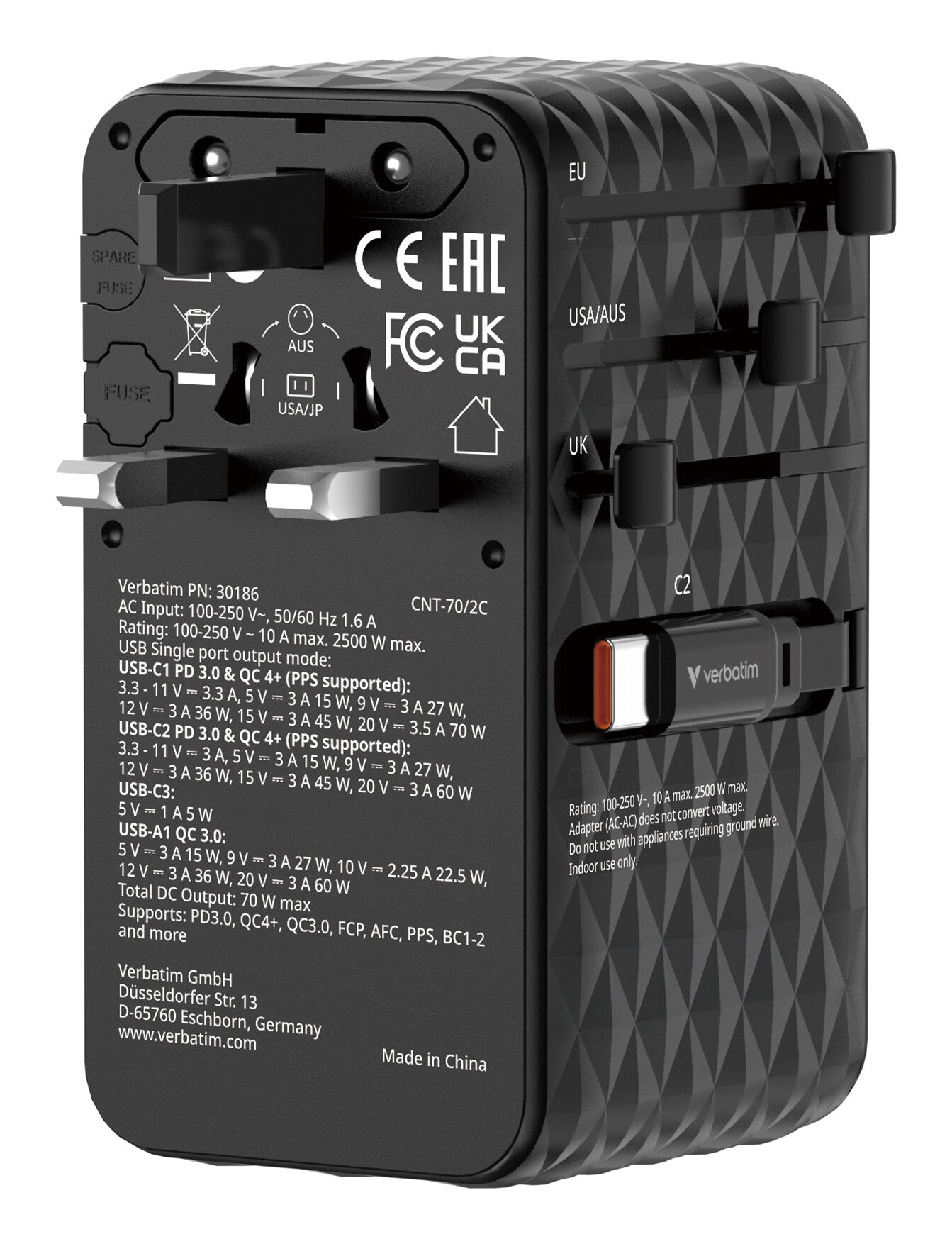 Verbatim Charge 'n' Travel 70W 2C retractable Universal Travel Adapter Black