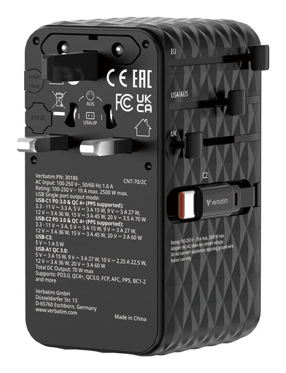 Verbatim Charge 'n' Travel 70W 2C retractable Universal Travel Adapter Black