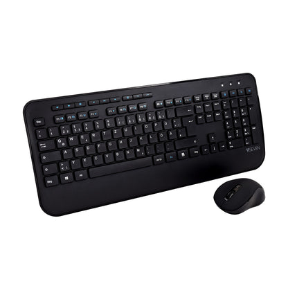 V7 CKW300DE Full Size/Palm Rest German QWERTZ - Black, Professional Wireless Keyboard and Mouse Combo – DE, Multimedia Keyboard, 6-button mouse