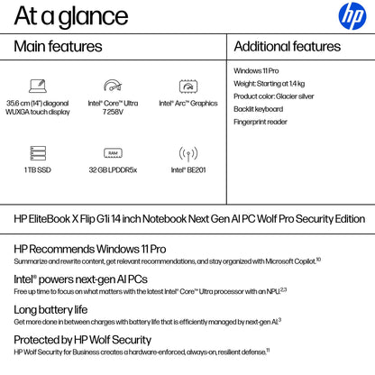 HP EliteBook X Flip G1i Next Gen AI PC Wolf Pro Security Edition Copilot+ PC Intel Core Ultra 7 258V Hybrid (2-in-1) 35.6 cm (14") Touchscreen WUXGA 32 GB LPDDR5x-SDRAM 1 TB SSD Wi-Fi 7 (802.11be) Windows 11 Pro Silver