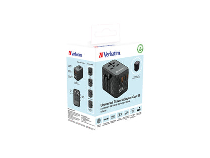 Verbatim GaN III Universal Travel Adapter UTA-05 with 2 x USB-C PD & QC 4+ & 2 x USB-A ports