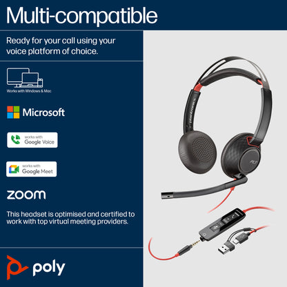 HP Poly Blackwire 5220 Stereo USB-C Headset +3.5mm Plug +USB-C/A Adapter