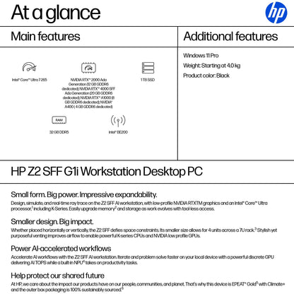 HP Z2 G1i Intel Core Ultra 7 265 32 GB DDR5-SDRAM 1 TB SSD Windows 11 Pro SFF Workstation AI Workstation, AI PC Black
