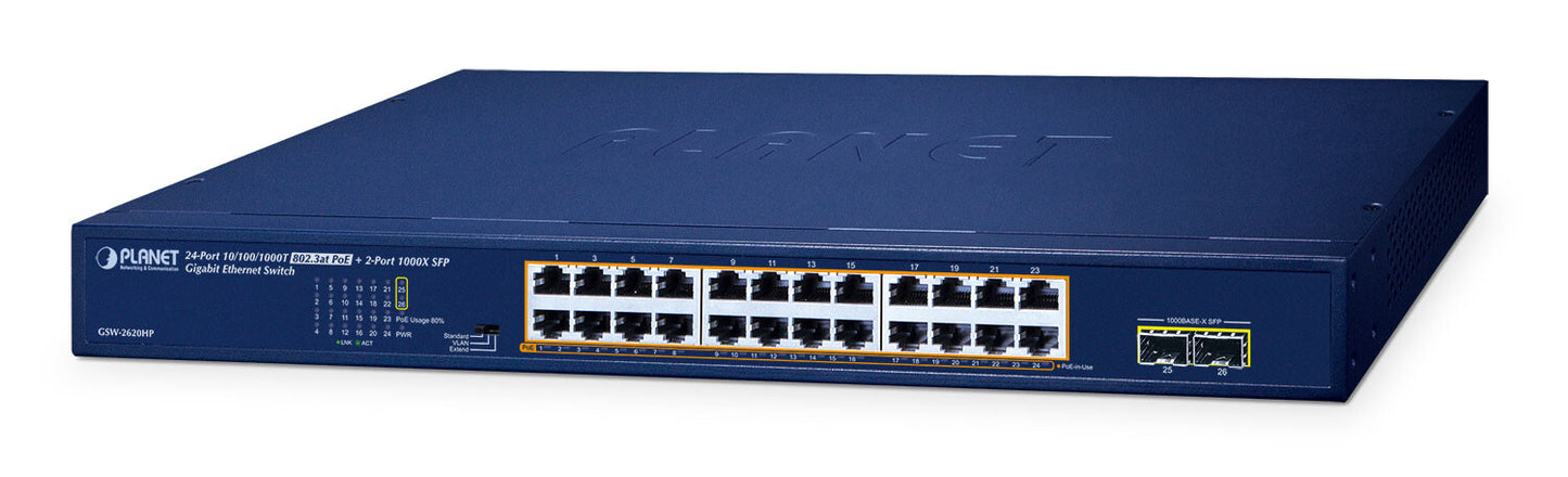 PLANET GSW-2620HP network switch Unmanaged 10G Ethernet (100/1000/10000) Power over Ethernet (PoE) 1U Blue